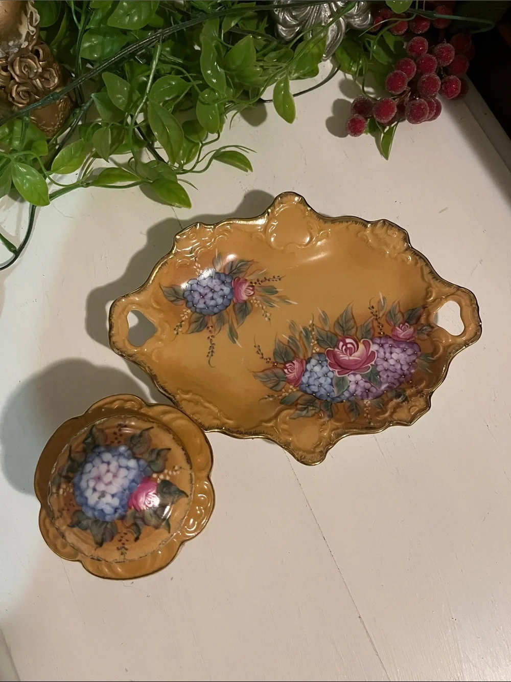 FLORAL VANITY TRAY & LIDDED TRINKET DISH - Victorian Style - NO CHIPS/CRACKS VTG